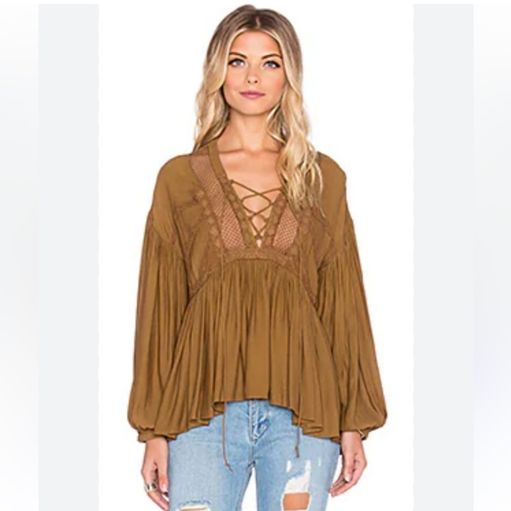 Free People Don't Let Go Crochet Woven Lace-Up Peasant Tunic Shirt Boho Sz Small